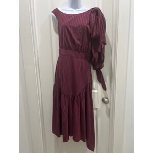 Sea New York Puff Sleeve Bow Detail Pinstriped Red Midi Dress Sz 4